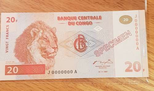 1997 CONGO - 20 FRANCS "SPECIMEN" NOTE